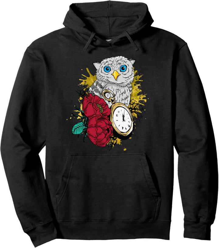 Red Tulips Snowy Owl Clock Animal Floral Bird Lover Gift Pullover Hoodie