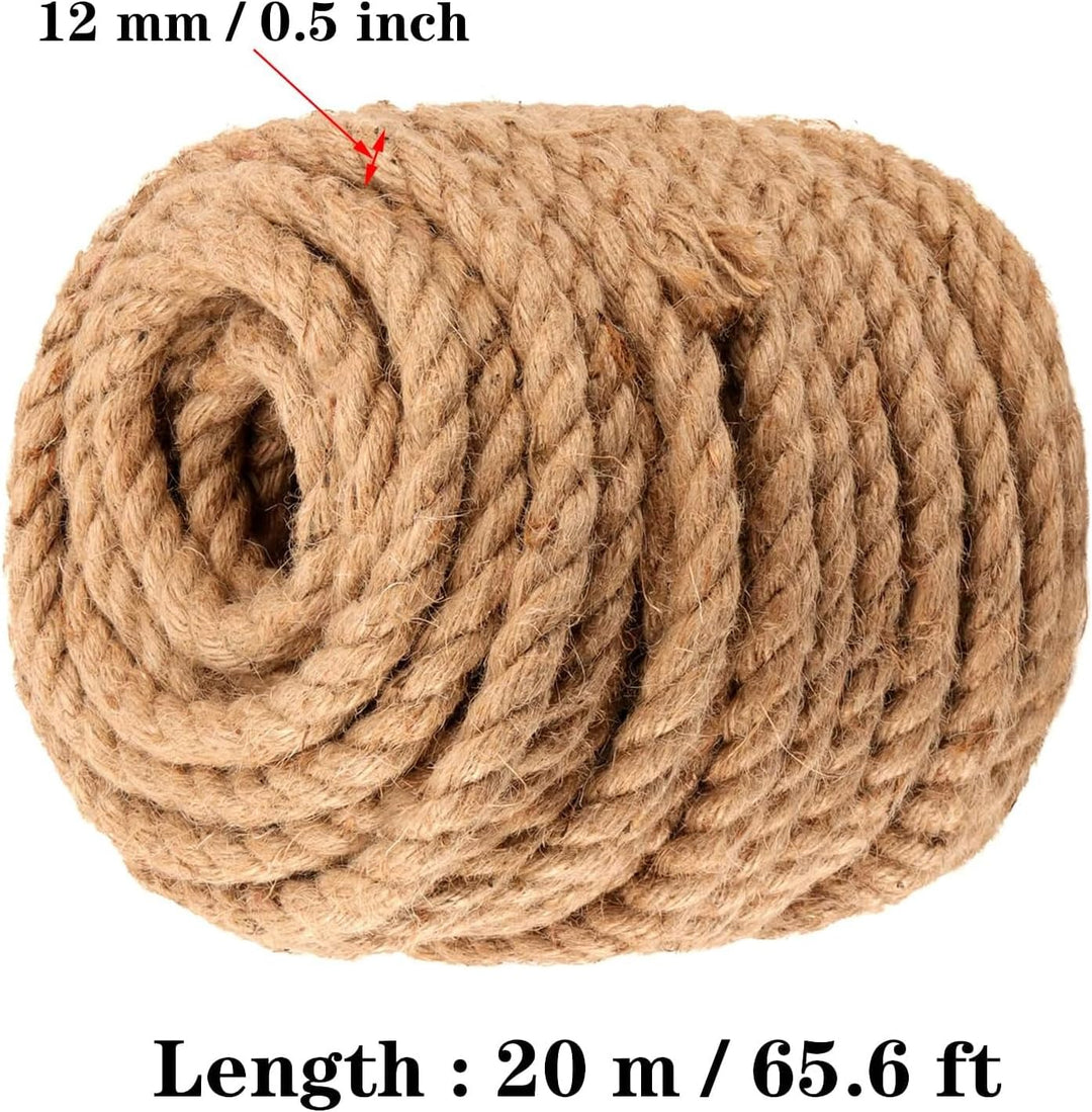 20 m x 12 mm Juteseil, 4 Stränge Juteschnur Dicke Schnur Braun Geflochtenes Hanfseil, Jute Schnur zu