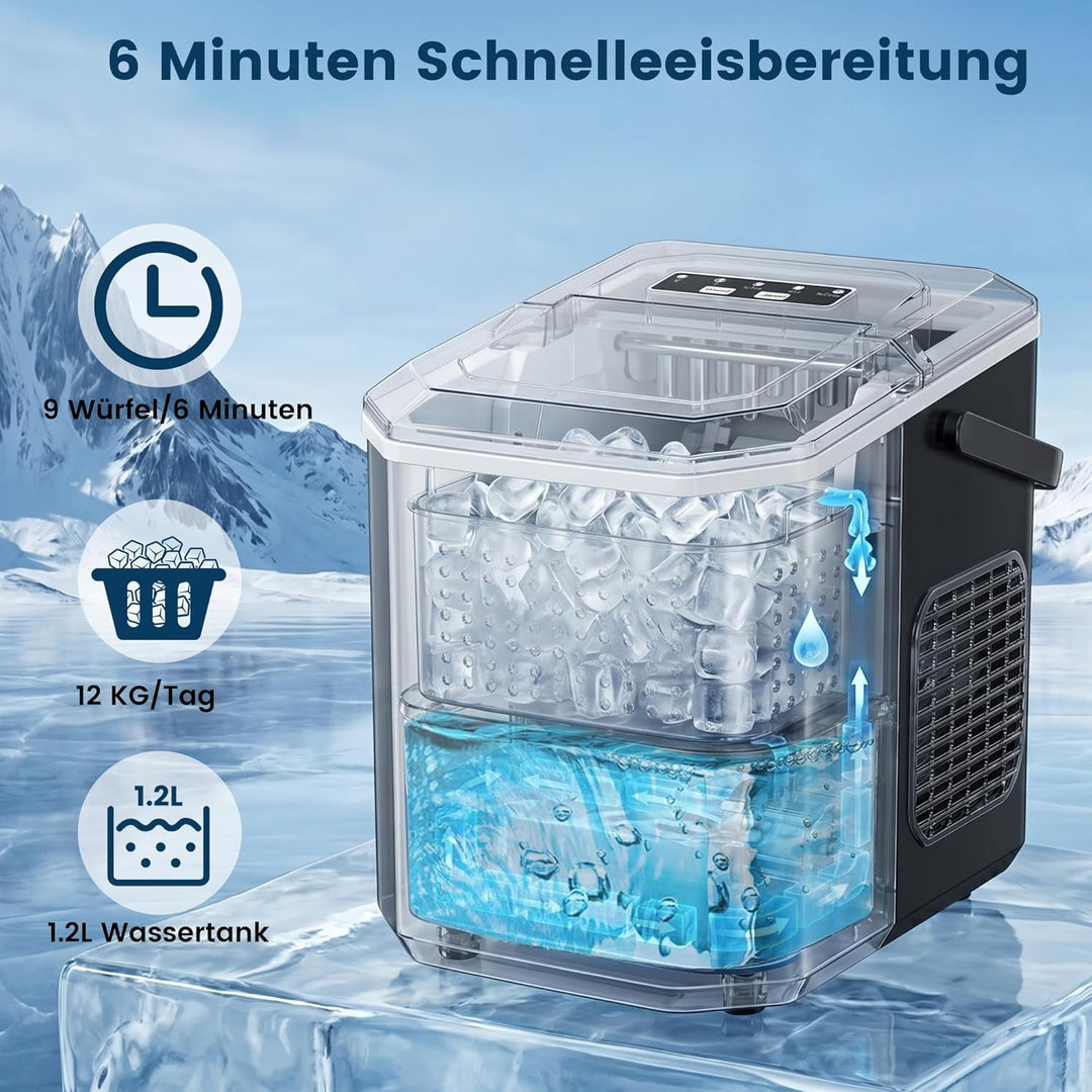 Eiswürfelmaschine Klein, Eiswürfelbereiter mit Tragbarem Griff, 2 Eiswürfel Grössen, 9 Würfel in 6 M