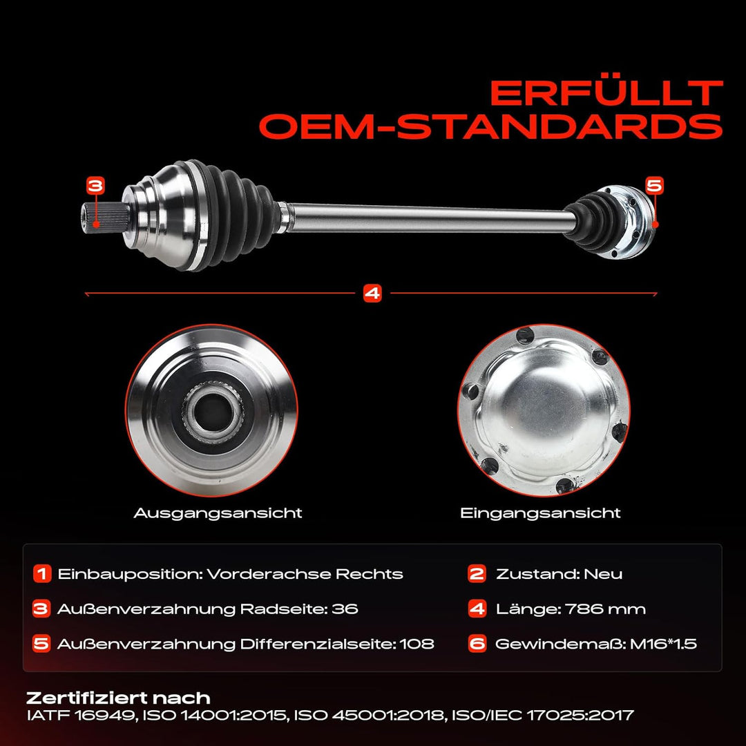 Frankberg Antriebswelle Vorderachse Rechts Kompatibel mit A3 8P1 8P7 8PA 2.0L 2003-2013 Golf V 1K1 1