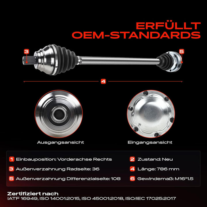 Frankberg Antriebswelle Vorderachse Rechts Kompatibel mit A3 8P1 8P7 8PA 2.0L 2003-2013 Golf V 1K1 1