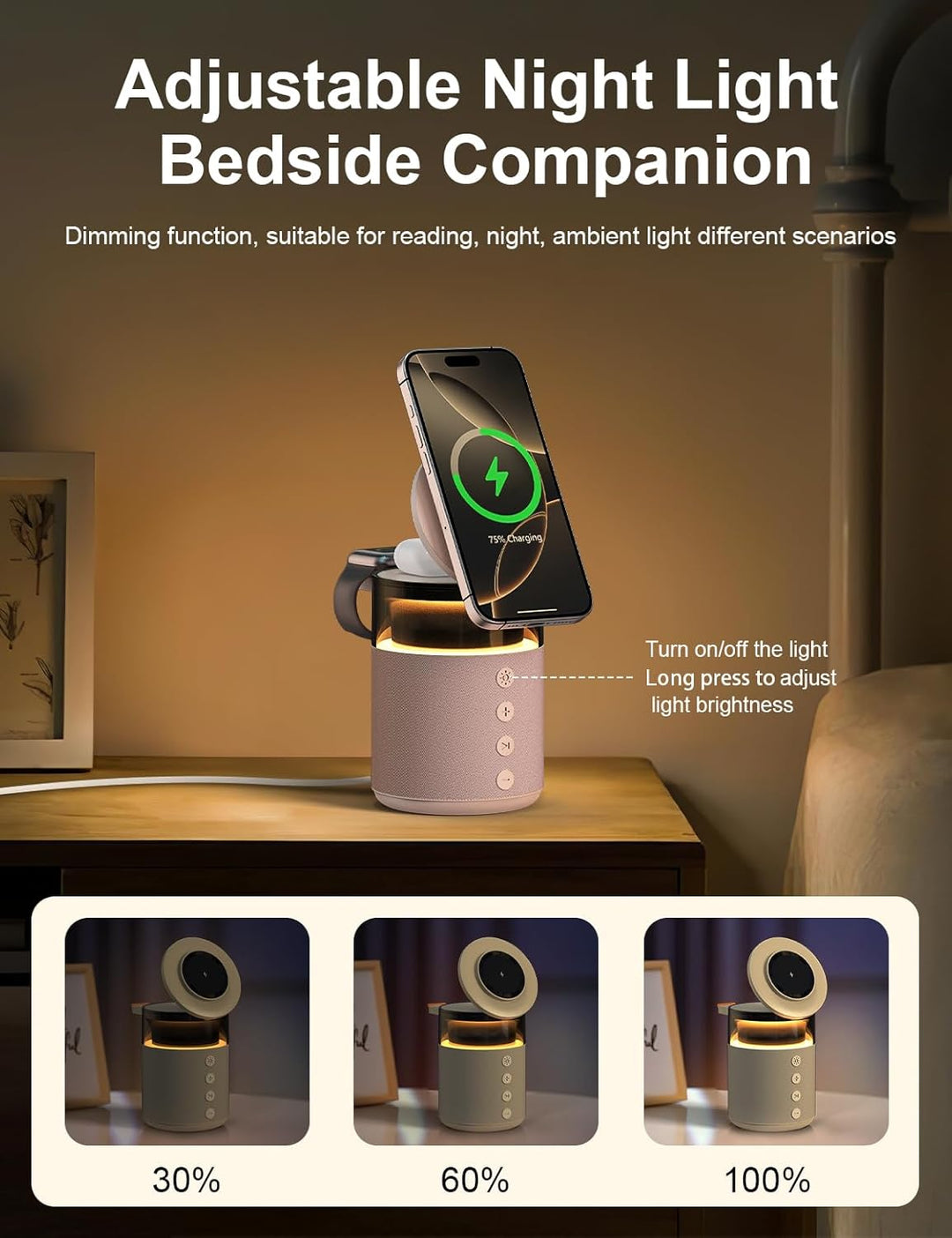 3-in-1 Bluetooth-Lautsprecher mit Nachtlicht und kabellosem Ladegerät, dimmbare Nachttischlampe mit