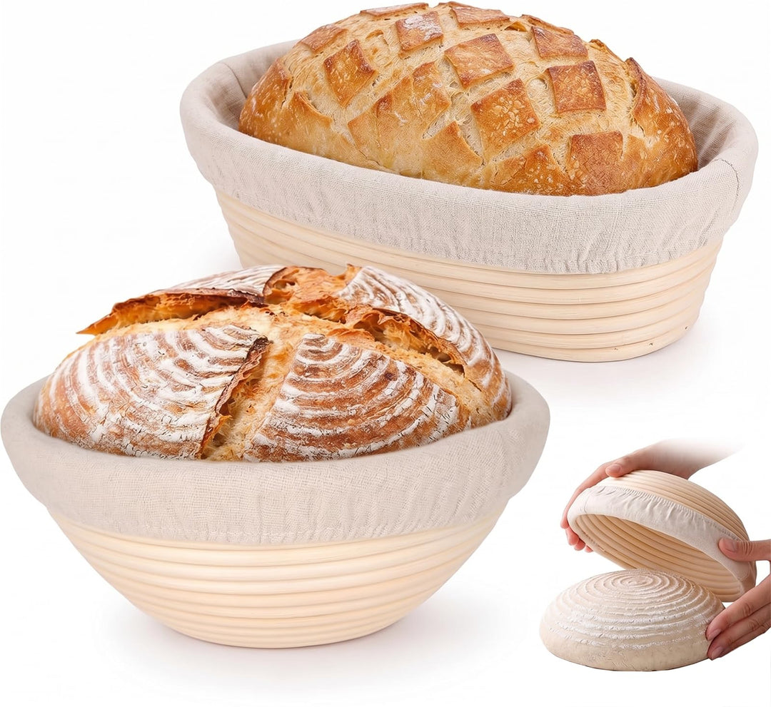 Premium Gärkörbchen Set 2-Teilig – 23cm Rund & 25cm Rechteckig Brotgärkorb aus 100% Ungebleichtem In