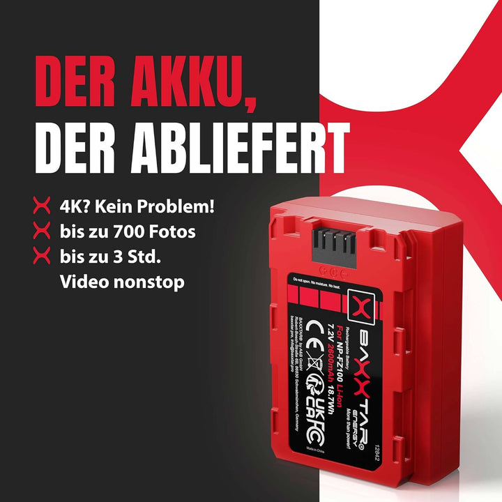 Baxxtar Pro NP-FZ100 2400mAh Akku (Generation IV) kompatibel mit Sony FX30 Alpha 6700 A1 7 IV 7C II