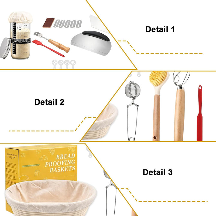Sauerteig Starter Set: 11-teilig Gärkorb Brot Set mit 25cm Oval Gärkorb, Teigschaber, Leineneinsatz,