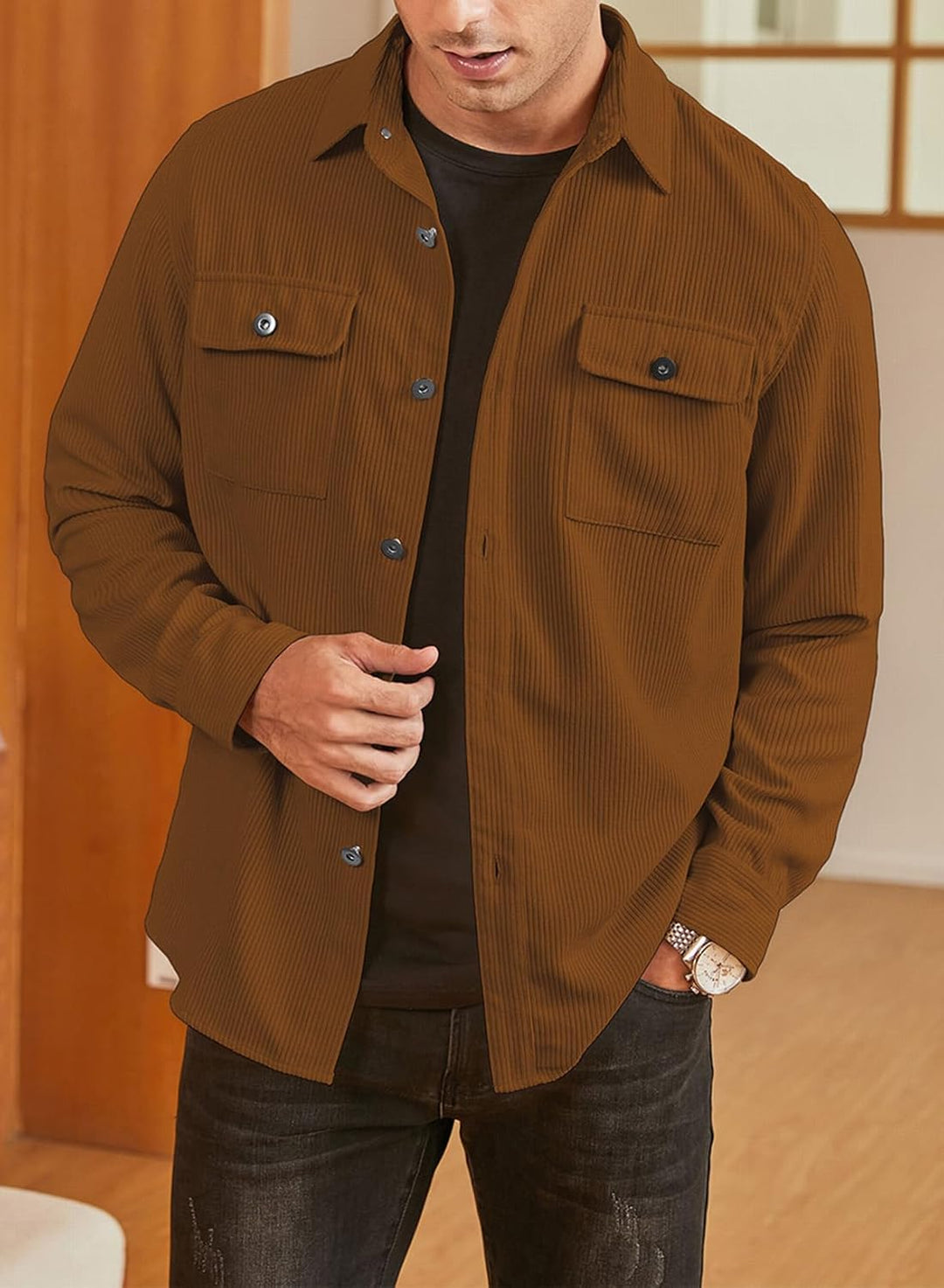Elegancity Herren Hemd Cord Langarm Freizeithemd Männer Jacke Regular Fit Button Up Hemdjacke Mit Kl