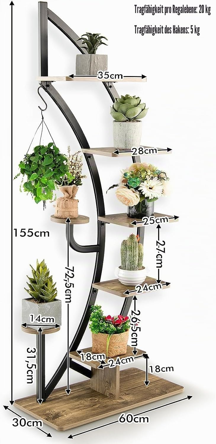 HOMASIS 6 Ebenen Pflanzenregal aus Metall, Blumenständer mit 7 Ablagen &amp; 1 Haken, elegante Halbmondf