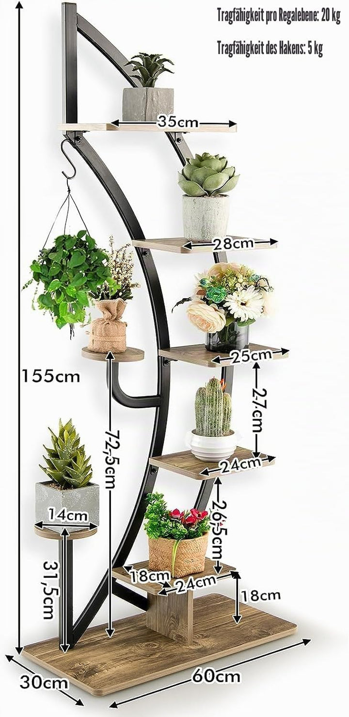 HOMASIS 6 Ebenen Pflanzenregal aus Metall, Blumenständer mit 7 Ablagen &amp; 1 Haken, elegante Halbmondf