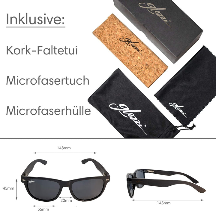 glozzi Sonnenbrille Herren und Damen Holz Polarisiert UV400 mit Holzbügeln und Brillenetui aus Kork