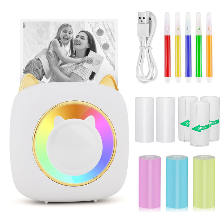 GuKKK Mini Drucker, Mobiler Fotodrucker, Tragbarer Mini Fotodrucker mit 7 Farben LED, Wireless Fotod