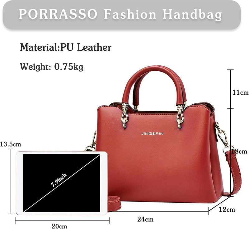 PORRASSO Damen Handtasche Mode Henkeltasche Frauen Umhängetasche PU Leder Schultertasche Top Griff T