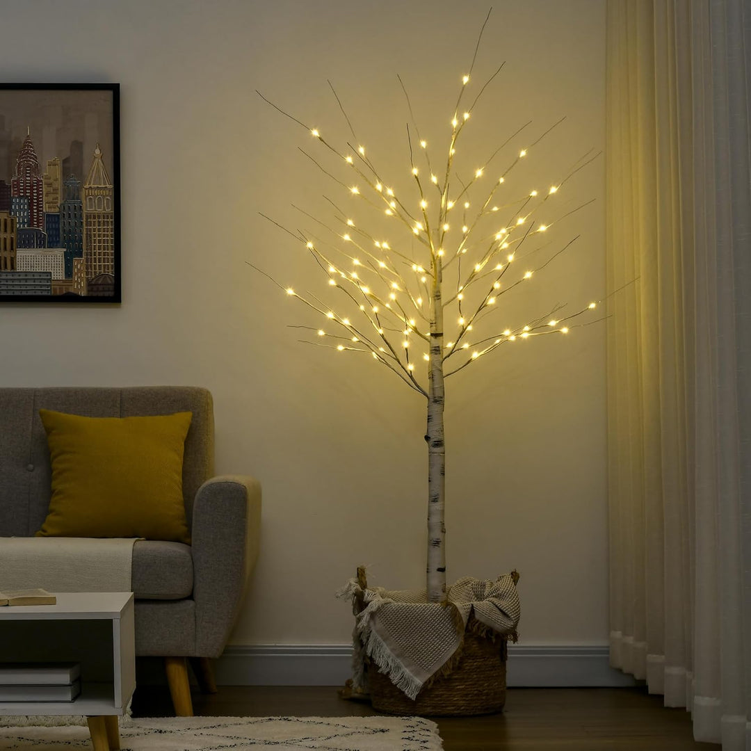 HOMCOM 180 cm Kunstbaum, Birkenbaum mit LED, Weihnachtsbaum Birken, Weihnachtsdeko Kunstbirke für Pa