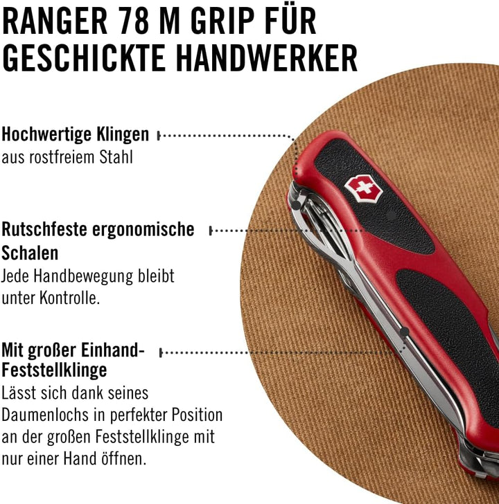 Victorinox Taschenmesser Ranger Grip 78 (12 Funktionen, Einhand-Feststellklinge) rot/schwarz Single,
