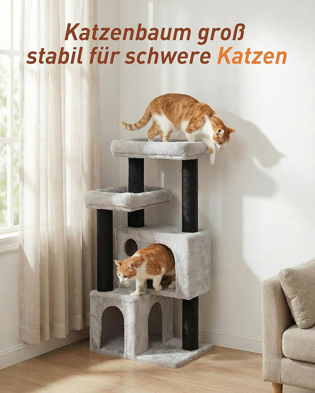 Kratzbaum für Grosse Katzen, 4 Ebenen Katzenbaum 55×45×111 cm, 2 Extra Hohe Jute-Kratzstämme (45 cm