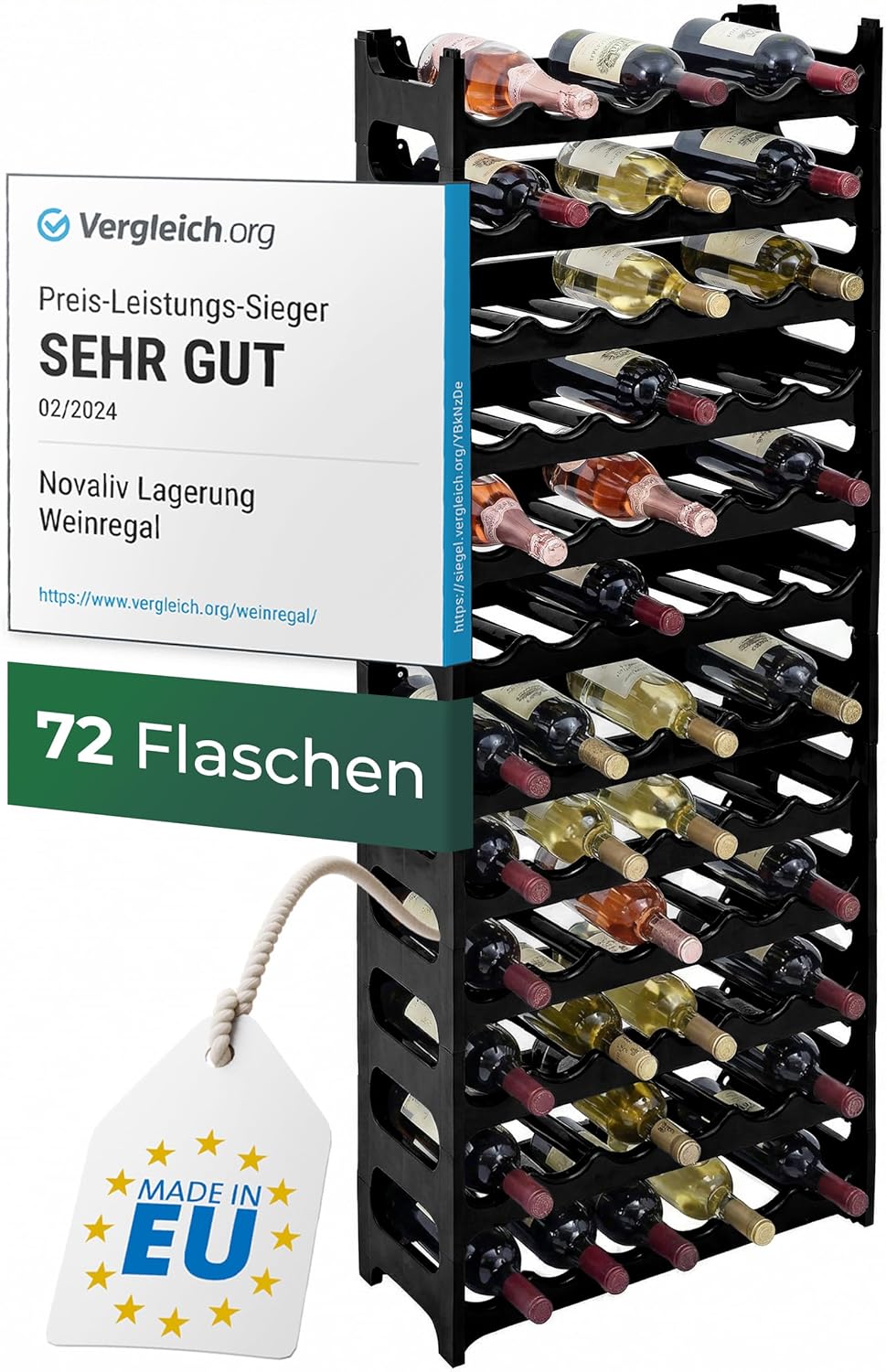 Novaliv Weinregal für 72 Flaschen | Flaschenregal schwarz | Regal stabilem Kunststoff (Schwarz, 12)