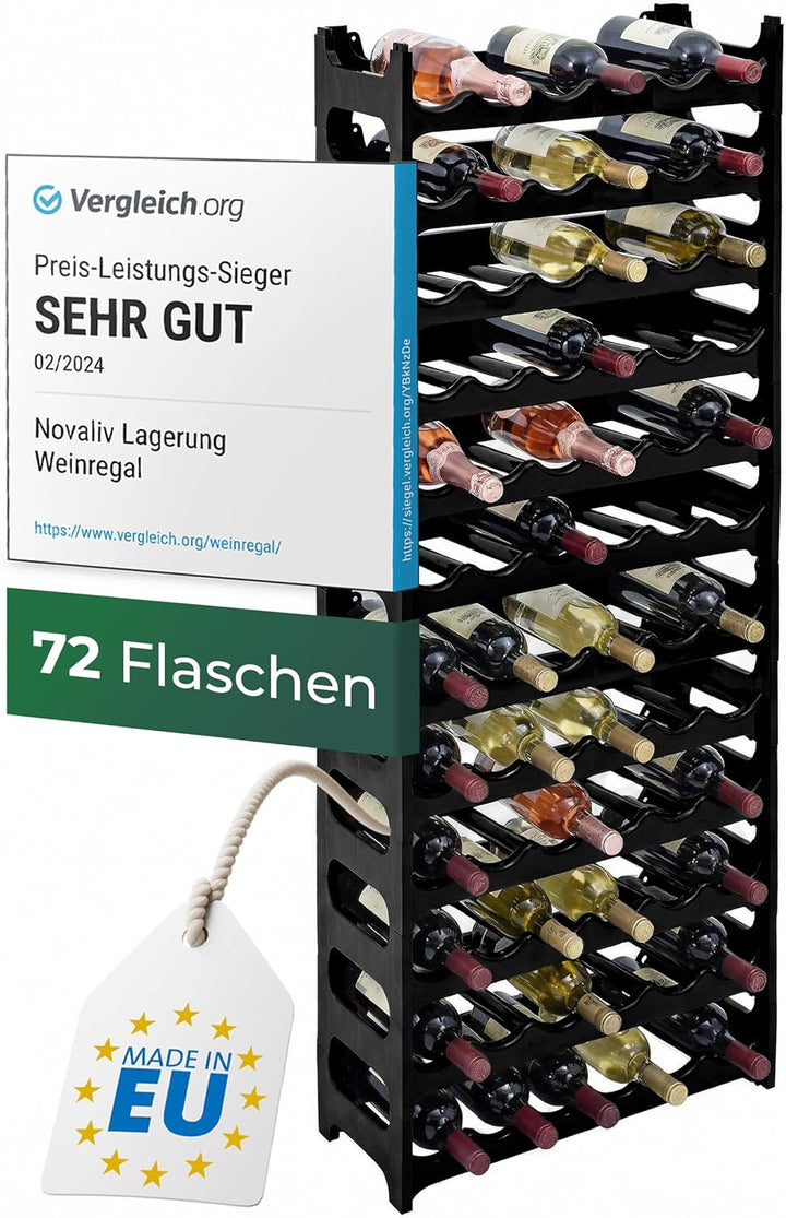 Novaliv Weinregal für 72 Flaschen | Flaschenregal schwarz | Regal stabilem Kunststoff (Schwarz, 12)