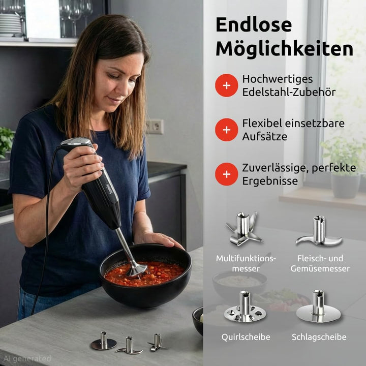 bamix Stabmixer Set M350 MAXX inkl. Multifunktions-, Fleisch-, Gemüsemesser, Quirl, Schlagscheibe au
