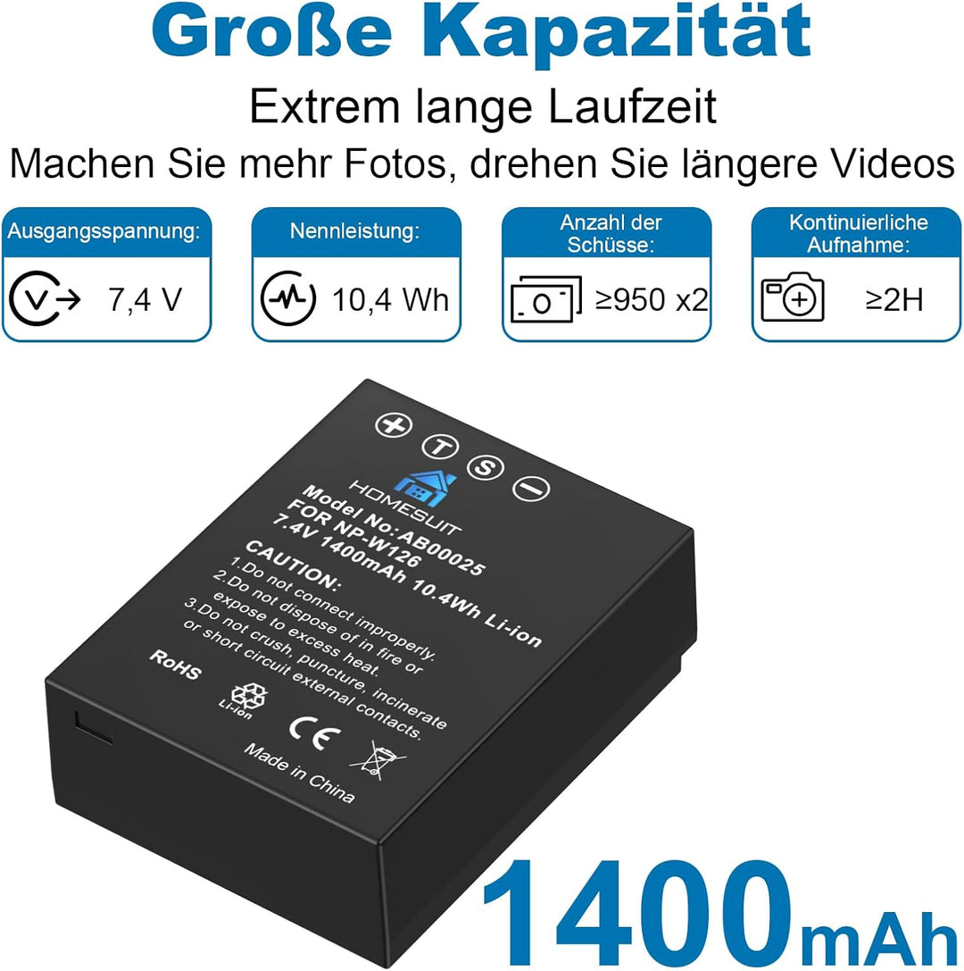 Homesuit Ersatz für Akku Fujifilm NP-W126/NP-W126s und USB Ladegeräte, Kompatibel mit Fuji X-T3, X-T
