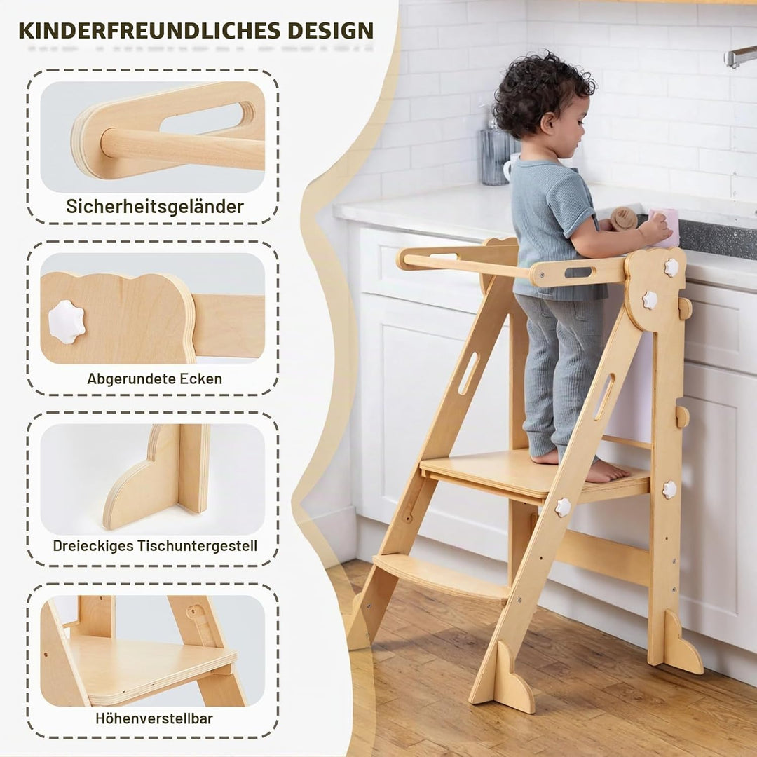 labebe Klappbar Lernturm für Kinder, Montessori Learning Tower mit Zweiseitige Tafel, 3 in 1 Einstel