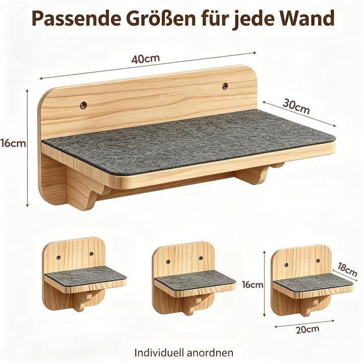 Katzentreppe Wand Holz 4er-Set Kletterwand frei Kombinierbar | Katzen Wandelemente inkl. 1 Plattform