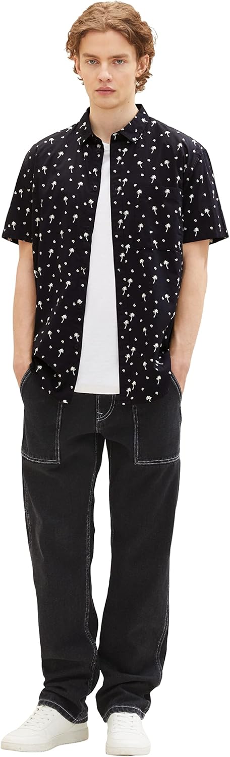 TOM TAILOR Denim Herren Relaxed Fit Hemd mit Muster XL 31914 - Black White Mini Palm Paisley, XL 319