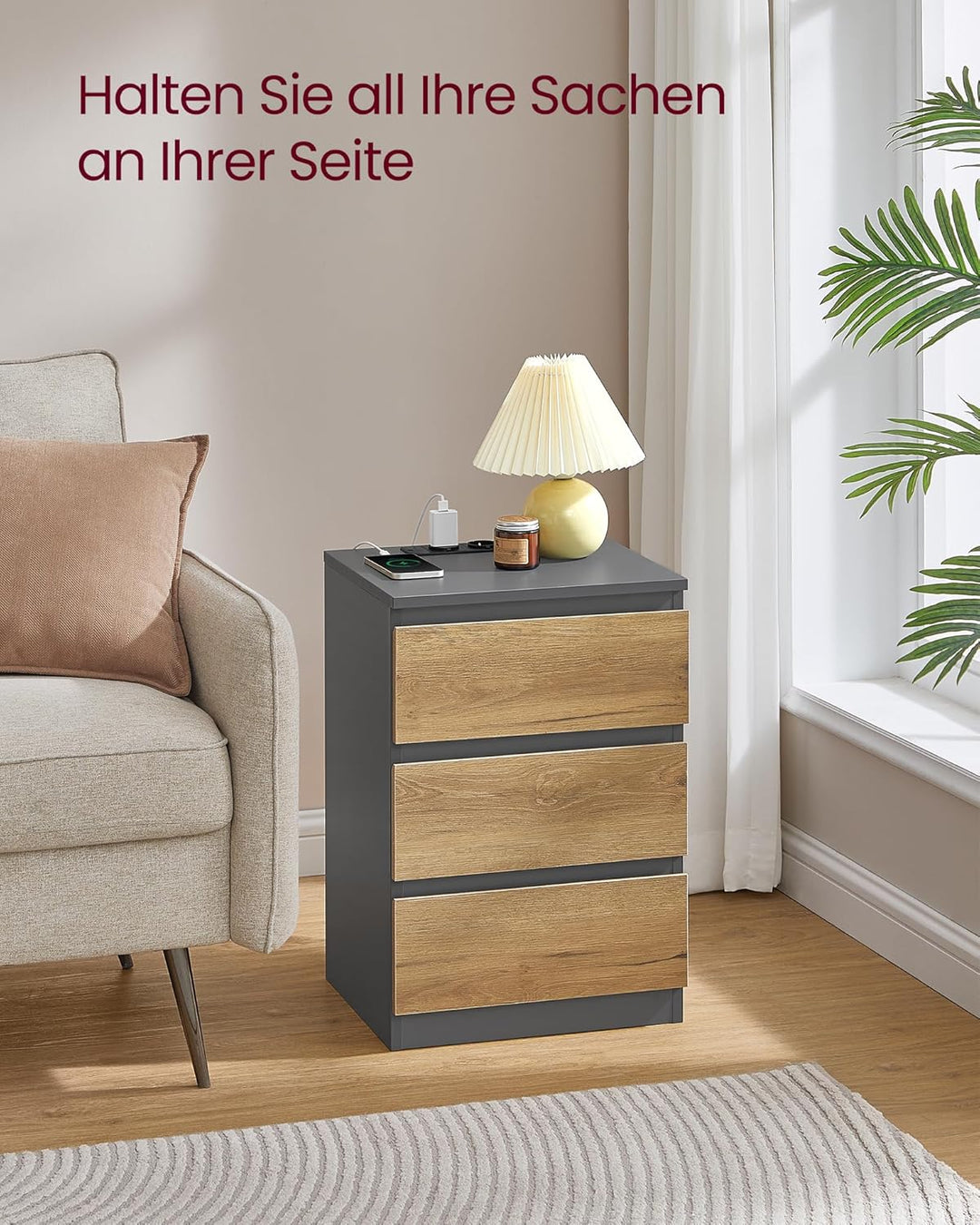 VASAGLE Kailyn Collection - Nachttisch mit Steckdosenleiste, 2er Set, Beistelltisch, 3 Schubladen, 2