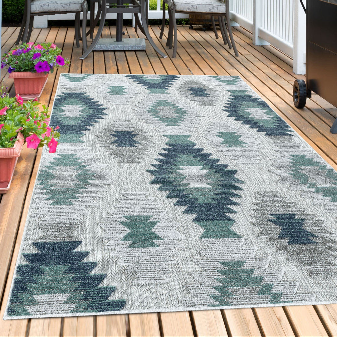 Outdoor Teppich Modern, Kelim Berber Muster 3D Optik, Rechteckig, Grau mit blauen Mustern, Hoch-Tief