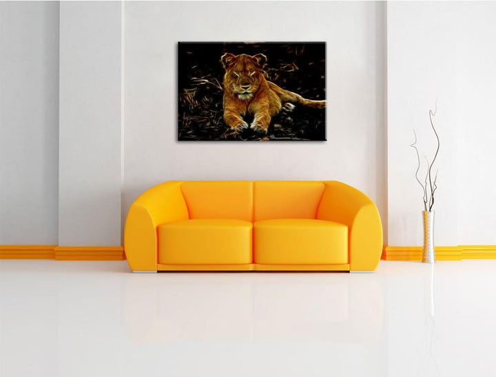 Dark Löwin ruht auf Boden Deluxe Format: 100x70 cm auf Leinwand, XXL riesige Bilder fertig gerahmt m