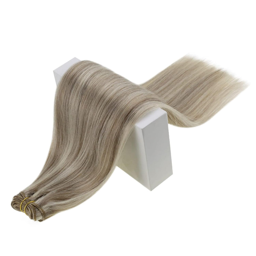 RUNATURE Blond Haartressen Echthaar Exensions Aschbraun mit Platinblond Tressen Echthaar Zum Einnähe
