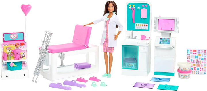 Barbie HFT68 - Gute Besserung Krankenstation Spielset mit brünetter Barbie-Arztpuppe, 4 Spielbereich