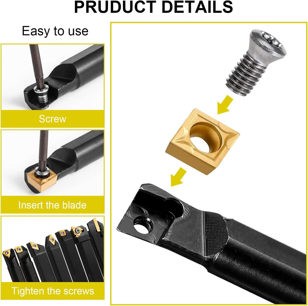 Drehwerkzeughalter Set 12mm, Inhalt 7 Stk.12mm Schaft-Bohrstangenhalter,14 Stk. Hartmetall-Wendeschn