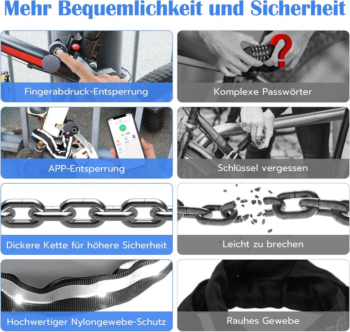Anweller Fahrradschloss Fingerabdruck, Hohe Sicherheit Anti-Diebstahl Fahrrad Kettenschloss mit APP,