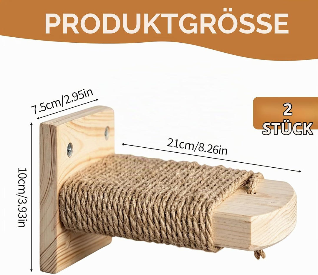 Katzentreppe Wand 4pcs 20CM Lang Natur Holz mit Juteseil Tragfähigkeit 35kg | DIY Kletterwand Katzen