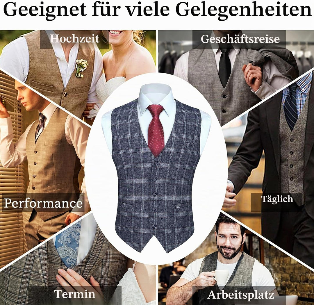 HISDERN Karierte Weste Herren Formale Klassische Weste Baumwolle Hochzeit Hahnentritt Anzugweste XS
