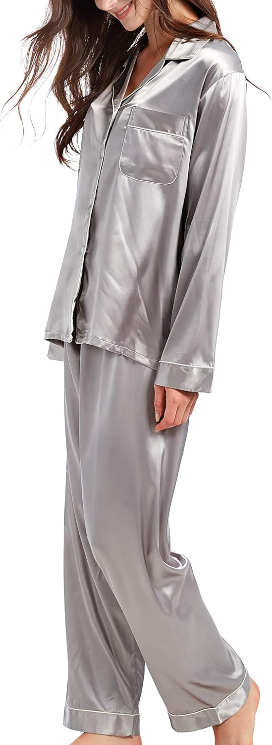 Damen Schlafanzug Pyjama Satin Lang Nachtwäsche Set Klassische Loungewear S Grau, S Grau