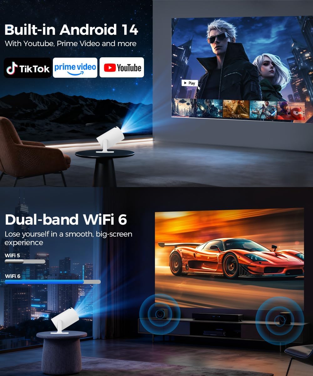 Mini Beamer 4K Unterstützt Android 11, Smart Projector 5G WiFi 6 BT 5.0, Mini Projektor Full HD 1080