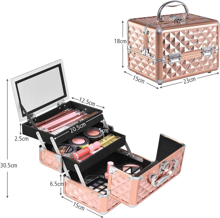 LIFEZEAL Kosmetikkoffer, Schminkkoffer für Reise, Make up Koffer im Rautenmuster, Abschliessbare Bea