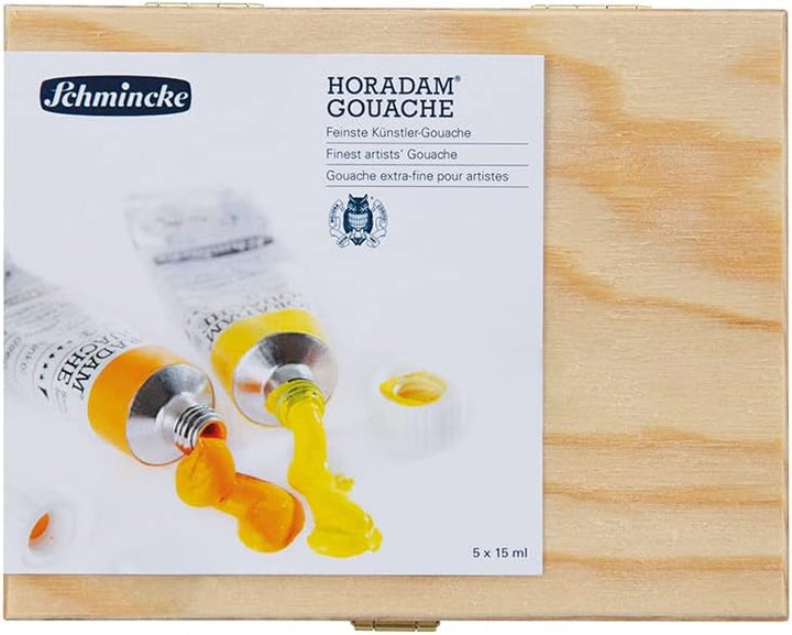 Schmincke - HORADAM® Gouache, 5 x 15 ml-Tuben, 727131 097, 10 feinste Gouache-Farbtöne im Holzkasten