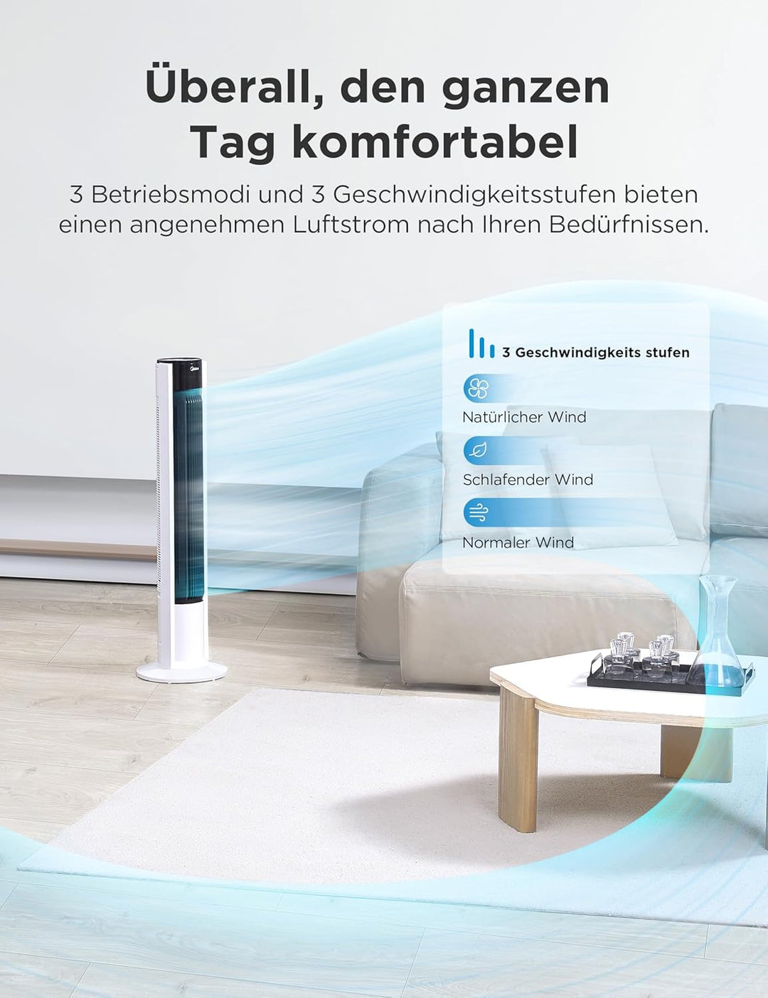 Midea FZ10-19BRA Turmventilator, robuster Kupfermotor, Luftzufuhr nach innen, Fernbedienung, 7-Stund