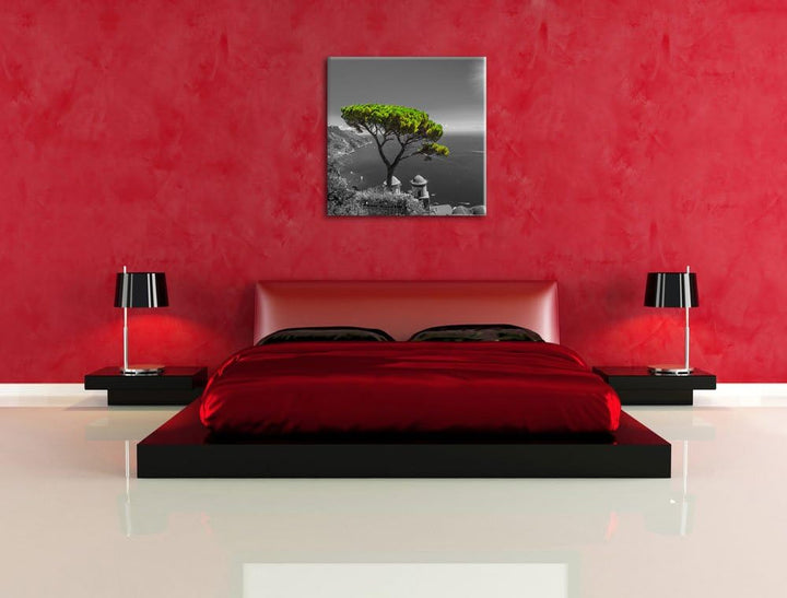 Pixxprint Mediteraner Baum am Mittelmeer schwarz/weiss, Format: 70x70 auf Leinwand, 70x70