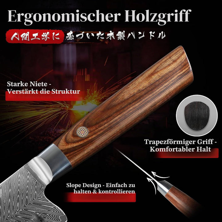 Dragon Creek Nakiri Messer 18,5cm Damaststahl | Gemüsemesser mit ergonomischem Griff, geeignet für G
