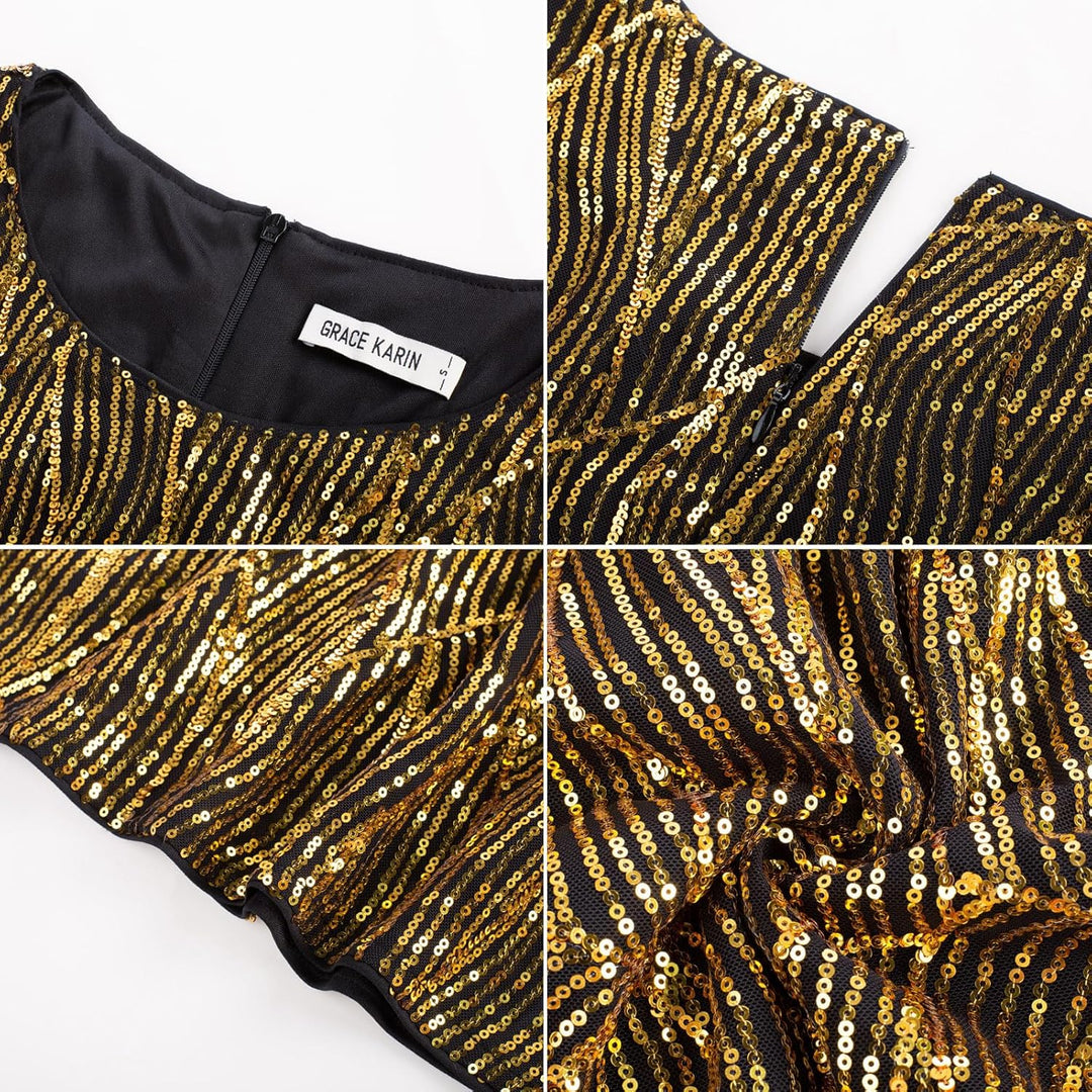 GRACE KARIN Damen Ärmelloses Rundhals Pailletten Cami Kleid Elegant Zweiteiler Tüll Cardigan Abendkl
