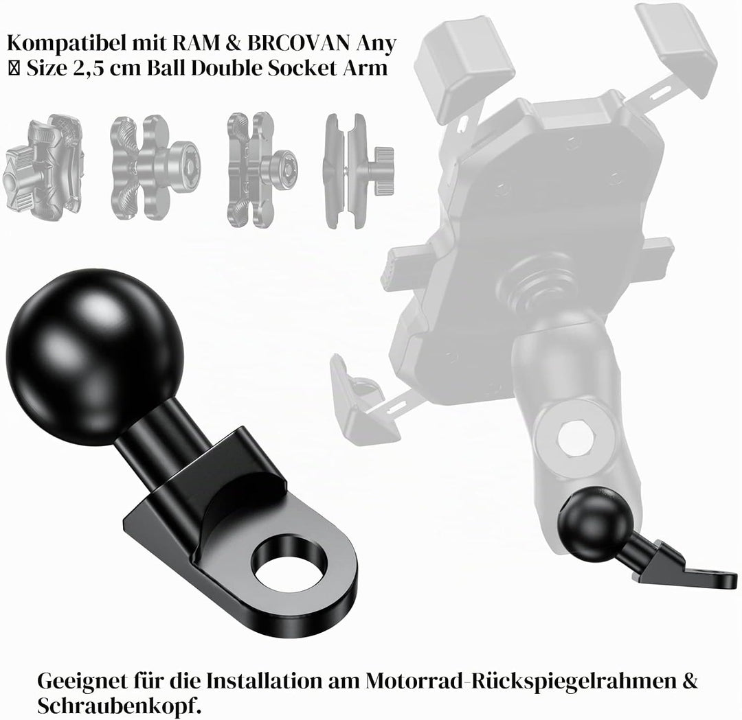 BRCOVAN 2St Aluminiumlegierung Rückspiegel-Montagebasis mit 1-Zoll-TPU-Kugel und 10-mm-Loch, Kompati