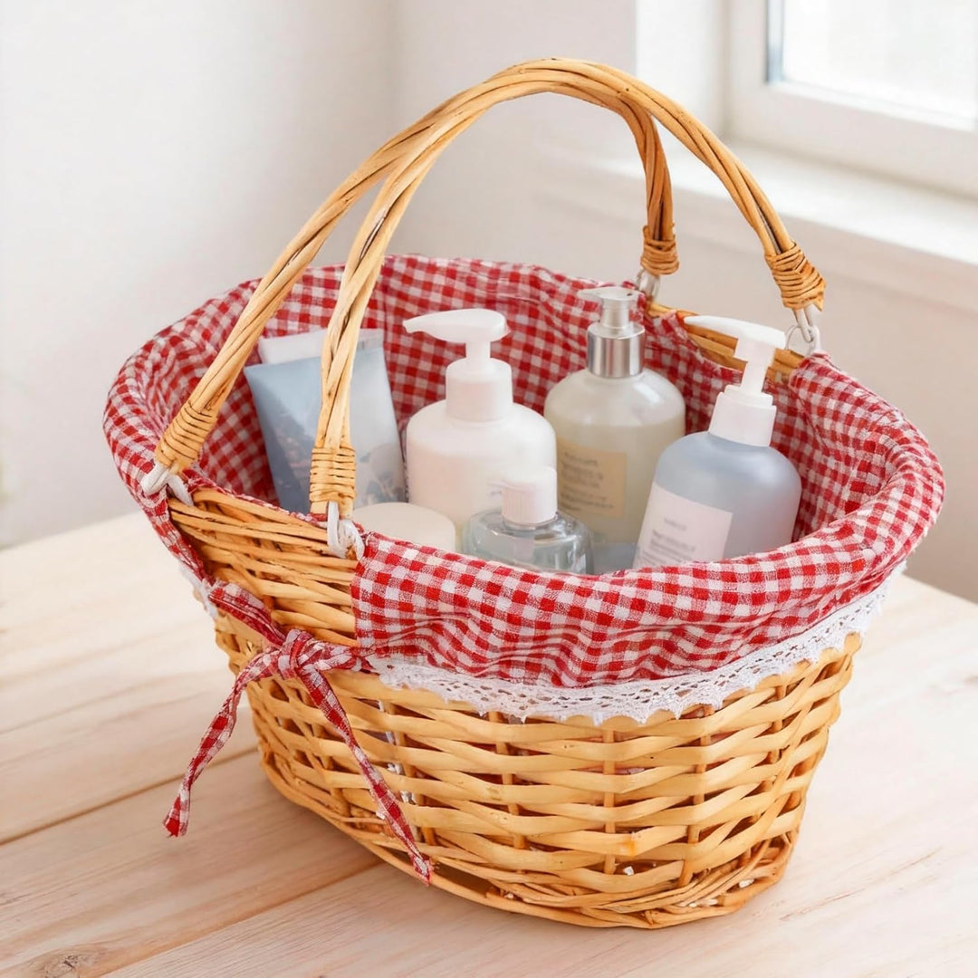 37 x 28 x 17cm Handgefertigter Weidenkorb mit Henkel, Picknickkorb Weide mit Futter, Geschenkkorb We