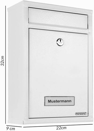 MONZANA® Briefkasten Weiss inkl. 2 Schlüssel Namensschild abschliessbar Mailbox Briefkastenanlage Po