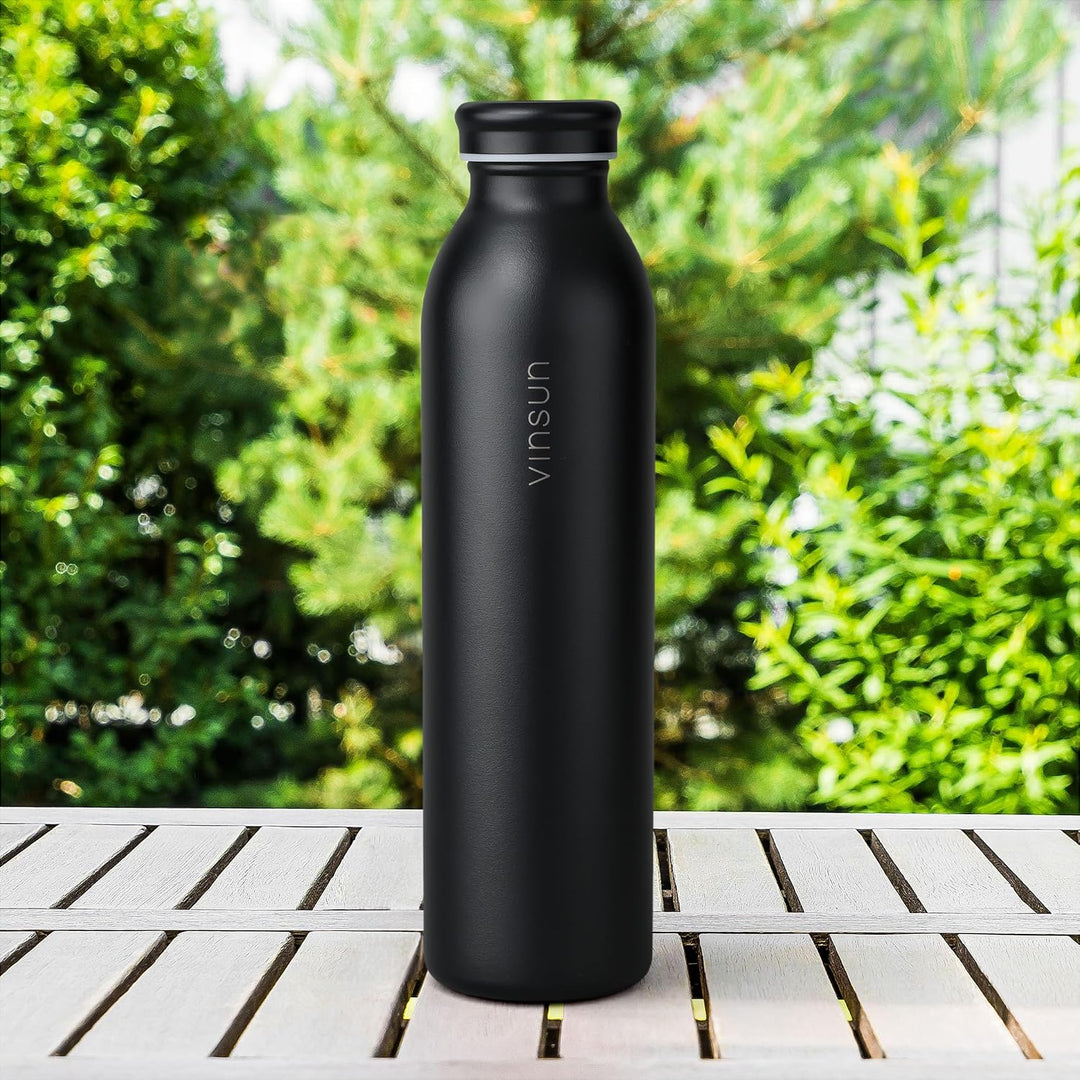 Vinsun Thermosflasche 600ml Schwarz - auslaufsicher, Kohlensäure geeignet | leichte Edelstahl Trinkf