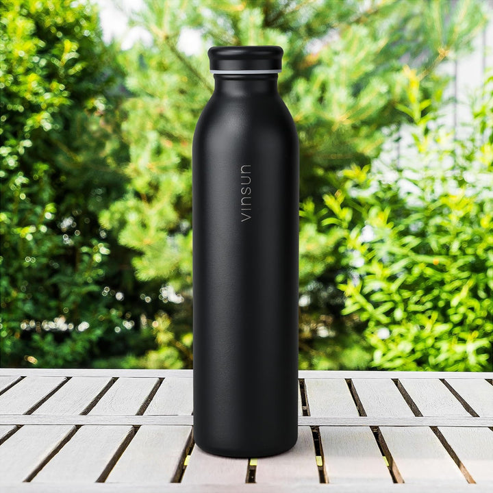 Vinsun Thermosflasche 600ml Schwarz - auslaufsicher, Kohlensäure geeignet | leichte Edelstahl Trinkf