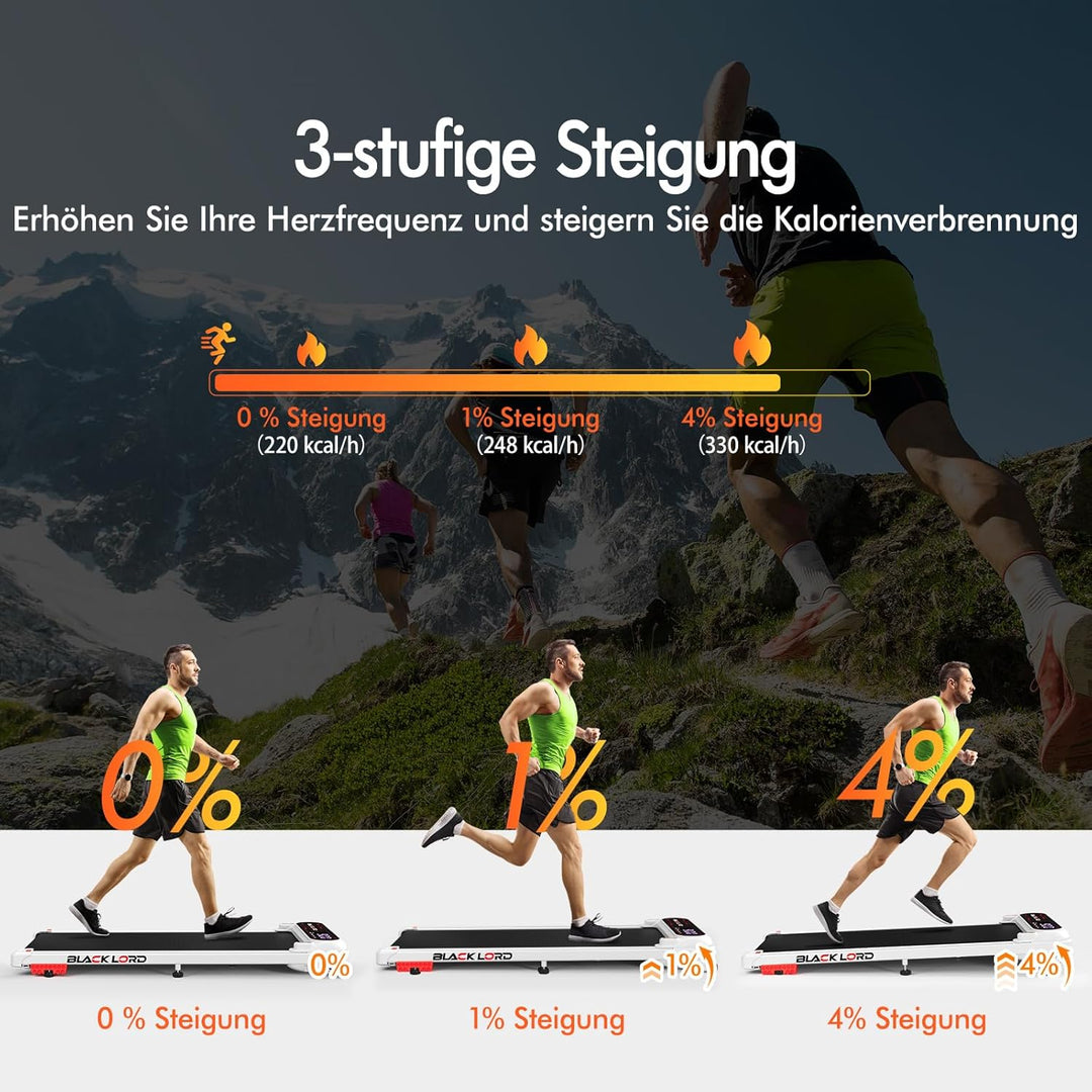 BLACK LORD Laufband, Walking pad 9/12/16 km/h, Laufmattemit/ohne 9% Steigung, unter dem Schreibtisch