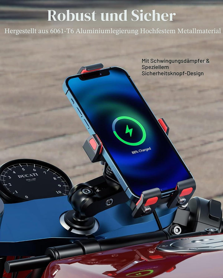 BRCOVAN Aluminiumlegierung Motorrad Gabelschaft Handyhalterung mit Qi 15W Drahtloses Ladegerät und V