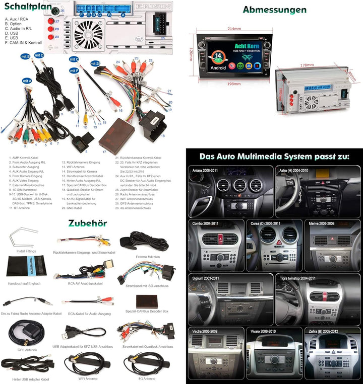 Erisin 8 Kern 4GB+64GB Android 14 Autoradio Für Opel Astra H Combo Corsa C/D Signum Zafira Vectra mi
